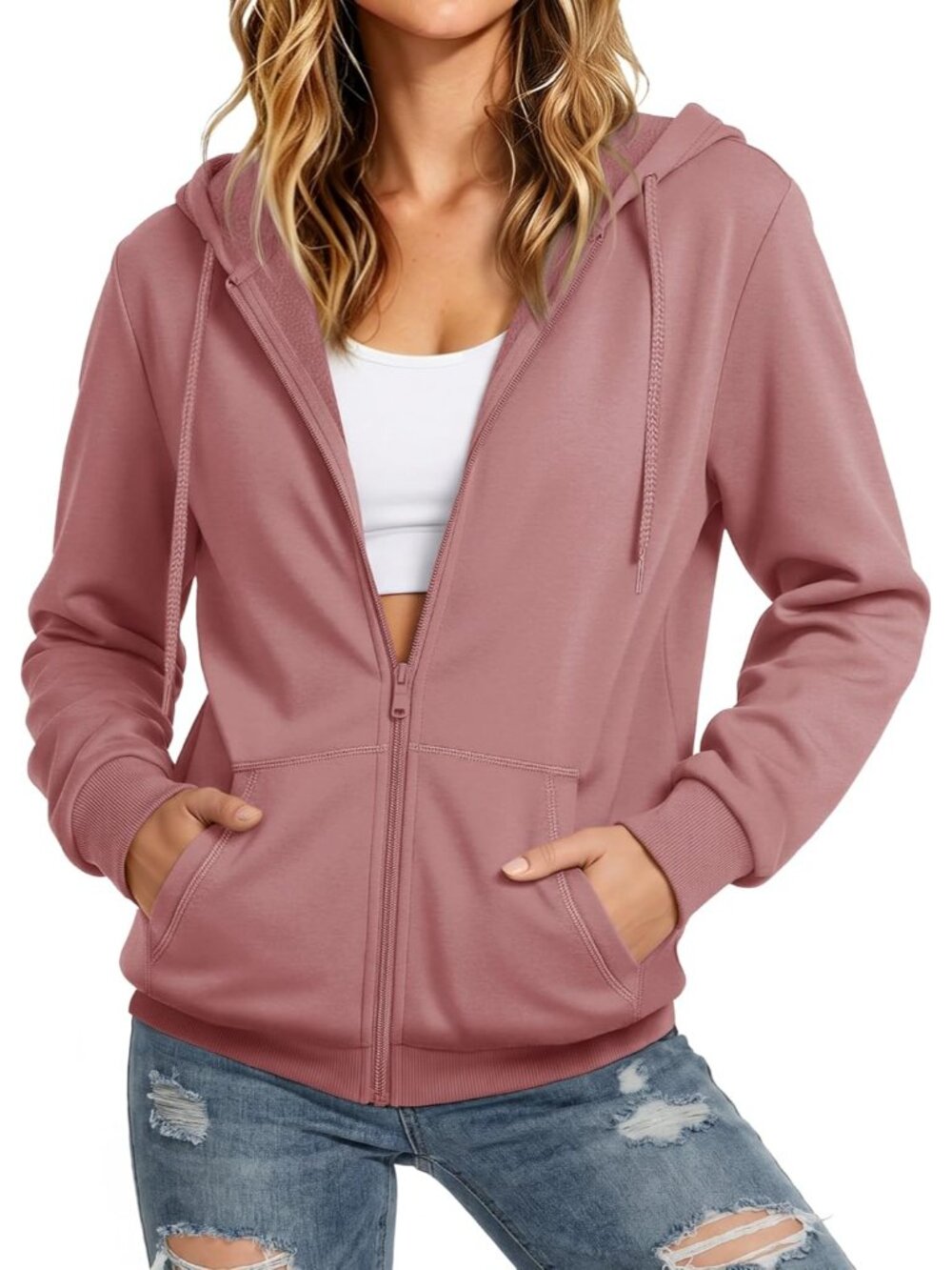 〽️Women's Pink Zip Up Fleece Lined Sweatshirt Casual Outerwear Jacket Hooded